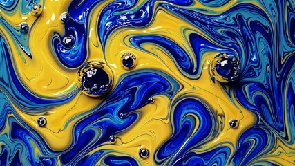 mesmerizing 4k close up abstract liquid art yellow blue paint mixing fluidly together forming swirling textures floating bubbles perfect artistic background creative design motion graphics - Powered by Adobe