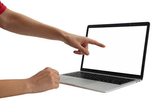 Engaged person points to laptop screen, displaying crucial data, perfect for illustrating tutorials, online learning, or showcasing software interface features