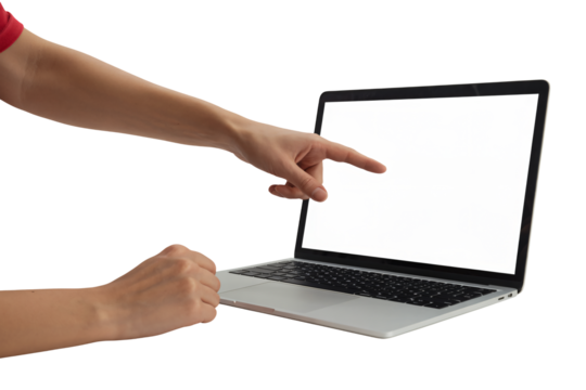 Engaged person points to laptop screen, displaying crucial data, perfect for illustrating tutorials, online learning, or showcasing software interface features