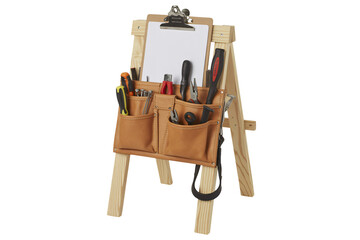 Tools organized in a leather tool belt, hanging on a wooden easel with blank paper for notes, perfect for DIY projects and home improvement tasks