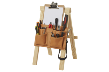 Tools organized in a leather tool belt, hanging on a wooden easel with blank paper for notes, perfect for DIY projects and home improvement tasks