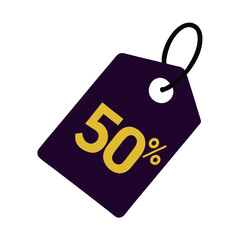 Fifty percent discount tag with string and white background