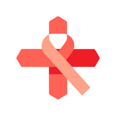 Red ribbon tied around a red cross symbol for health awareness