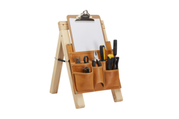 Professional craftsman's portable workbench easel with leather tool organizer and blank notepad for project planning and execution.