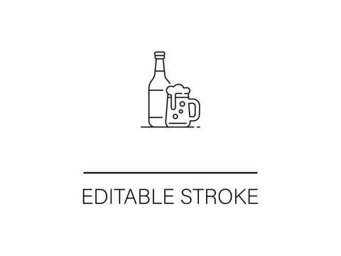 Craft beer bottle and foamy mug line art for brewery branding and pub designs with editable stroke, perfect for modern minimal design.