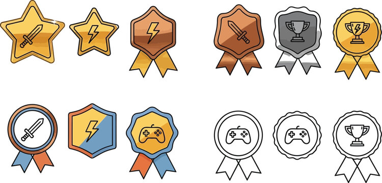 Collection of colorful award badges and icons for gaming achievements and recognition