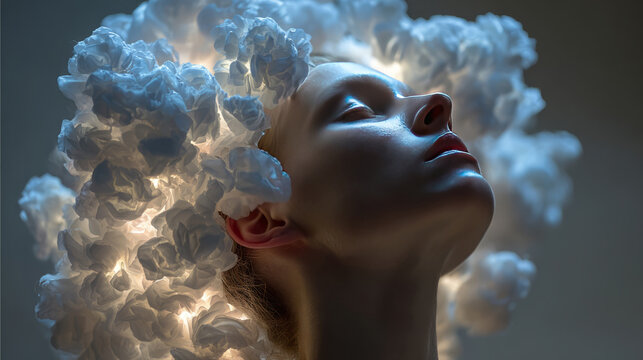 A close-up of a serene face surrounded by glowing cloud-like structures, evoking digital meditation and futuristic calm