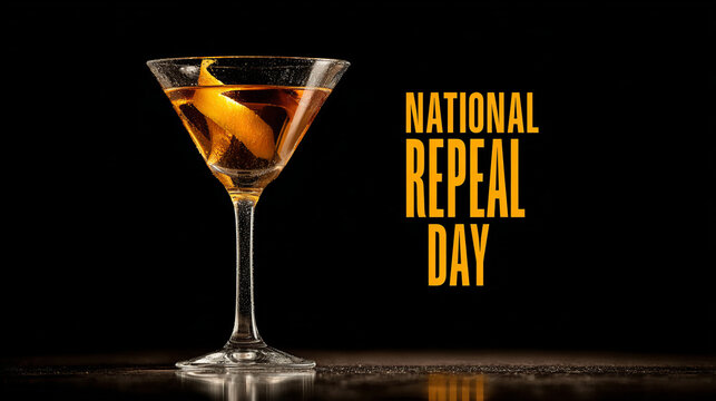 A vintage cocktail glass with amber liquor and citrus twist on black background, celebrating National Repeal Day with elegant retro style