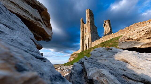 Ruined coastal castle amidst dramatic cliffs