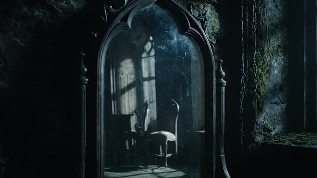 A gothic-style antique mirror reflects a dimly lit room, with light coming through a window