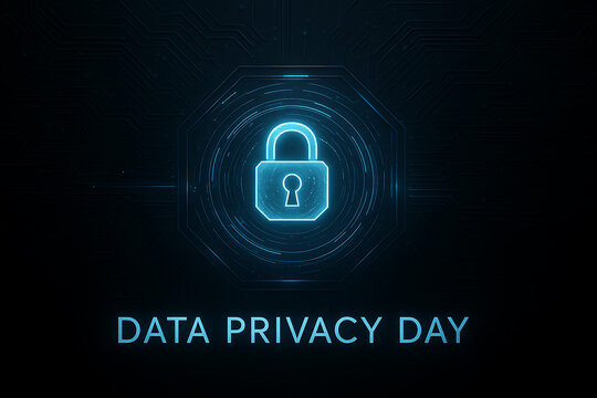 Data privacy day text above a glowing blue digital padlock encased in an octagonal shield on a dark hi-tech background emphasizing secure technology and information safety