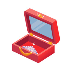 Red jewelry box with crown and pearls in flat vector style