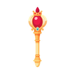Golden royal scepter with red gem in flat vector style