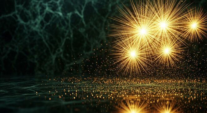 Radiant gold light burst against dark abstract background, with reflective golden particle effect, representing celebration, festival, or achievement - Powered by Adobe