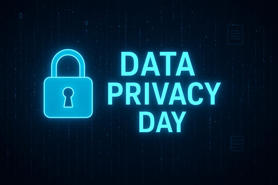 Data privacy day concept secure digital information technology glowing blue padlock with abstract neon lines and various digital icons background - Powered by Adobe
