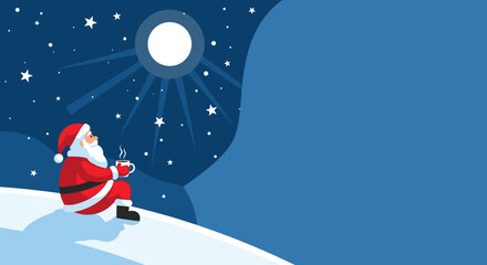 Fototapeta premium Reflective Santa Claus sitting on a snowy hill enjoying a warm drink under the starry night sky with copy space