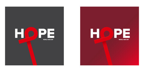 Obraz premium Hope lettering design with red ribbon square banner set. World AIDS DAY 1 december banner with red ribbon. World HIV awareness day starts in 1 December. Red ribbon with text background. World AIDS Day