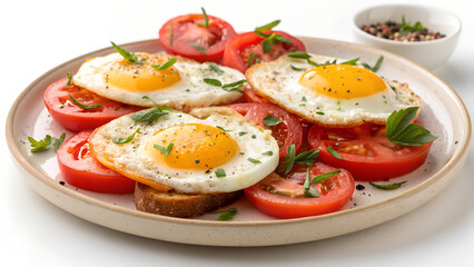 Healthy lunch with fried eggs and tomatoes slices 
