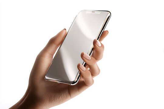 A Person’S Hand Gently Holding A Modern Smartphone Angled Slightly Toward The Viewer, Perfect Product Lighting, Natural Skin Tones, Reflection On Phone Screen