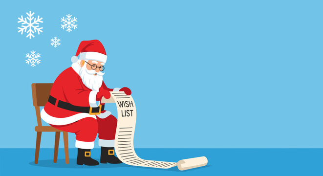 Thoughtful Santa Claus sitting on a chair reading a wish list with copy space on a blue background