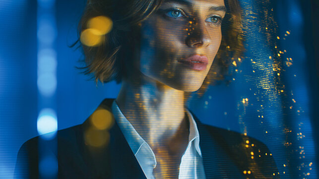 Confident businesswoman project management AI, transparent digital interface, futuristic technology, blue background, professional attire, focused expression, innovation