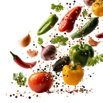Fresh vegetables and spices exploding in a dynamic culinary explosion