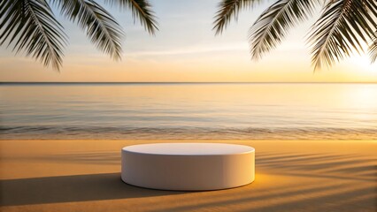 Obraz premium Empty white podium on sandy beach with palm leaves at sunset