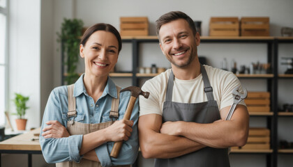 Man and woman in aprons with hammer and wrench in workshop
