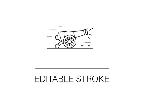 Bold cannon line drawing conveying strength and history in a simple illustration with editable stroke, ideal for a historical theme.