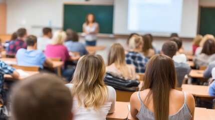 Engaged college students attentively listening to a dynamic instructor in a bright classroom environment fostering academic collaboration and intellectual growth