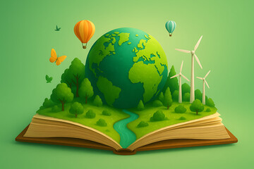 Vibrant cartoon open book depicting a lush green landscape with trees, river, earth globe, wind turbines, and balloons symbolizing nature, ecology, and international day of education