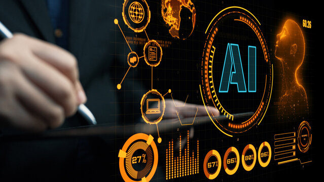 Dynamic visualization of artificial intelligence concepts, showcasing data analytics and technology integration for enhanced business intelligence and future innovations. Cipher