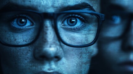 A close-up of a person's face with glasses, illuminated by blue light and overlaid with digital code, reflecting a theme of technology and data.