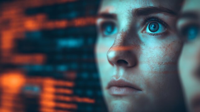 A close-up of a person's face, focusing on intense blue eyes, surrounded by a digital interface of glowing data and coding elements. - Powered by Adobe