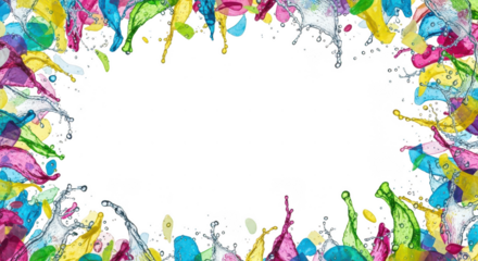 Splashes of paint creating colorful frame art isolated illuustration on transparent background