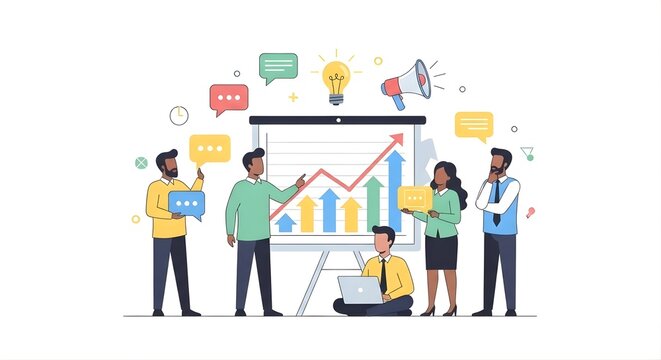 Business team collaborating on growth strategy, analyzing charts and data on a whiteboard with icons representing communication and ideas - Powered by Adobe
