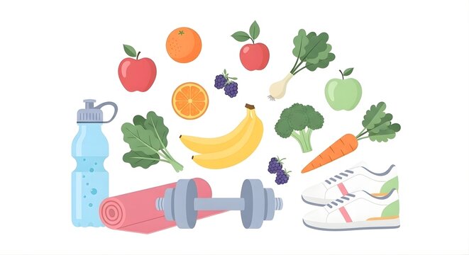 Concept of healthy living and wellbeing with fresh food and sports equipment. A flat vector illustration for diet and exercise themes. 9