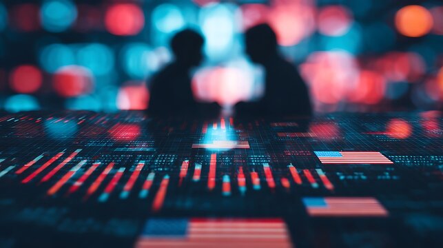 A digital illustration depicting two figures in silhouette against a backdrop of abstract data patterns and flags, symbolizing communication and technology. - Powered by Adobe