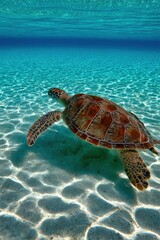 Obraz premium Elegant turtle gliding through clear tropical waters during the day