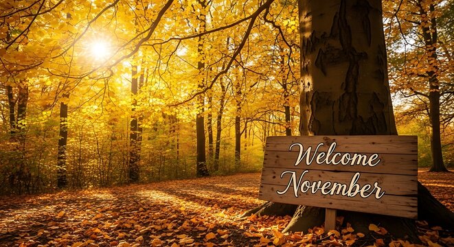 Autumn forest scene with welcome november sign sunlight and foliage