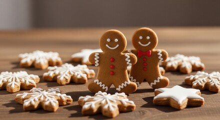 Two gingerbread man cookies standing among decorated snowflake cookies on a wooden table. Homemade holiday baking scene. Perfect for festive recipes and Christmas food blogs.