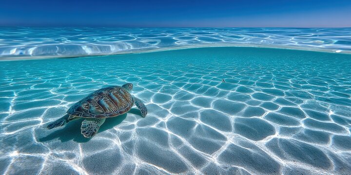 Exotic turtle swimming gracefully in clear tropical waters on a sunny day - Powered by Adobe