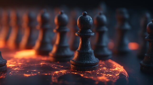 A close-up of black chess pieces on a glowing surface, creating a dramatic and strategic atmosphere for an intense game of chess.