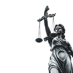 Statue of lady justice holding scales of justice against a white background