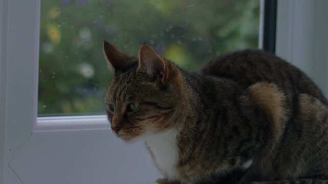 Tabby pet cat sittning in window