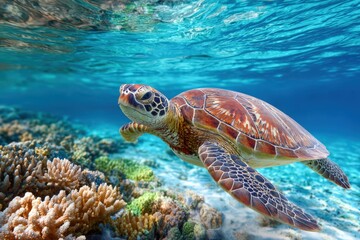 Obraz premium Exotic turtle swimming through clear waters above vibrant coral reefs