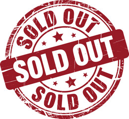 Red grunge rubber stamp stating sold out with decorative stars