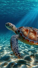 Obraz premium Exotic marine turtle gracefully swims through clear ocean waters