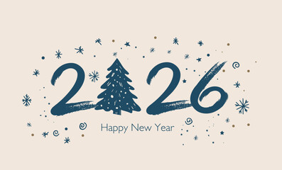 New Year 2026 card, postcard, hand drawn illustration.
