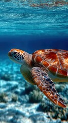 Fototapeta premium Exotic marine wildlife turtle swims gracefully in clear ocean waters